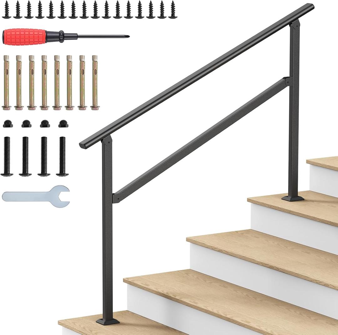 Hand Rails for Outdoor Steps, 2-5 Steps Wrought Iron Handrails for Outdoor Steps, Stair Railing for Porch, Home, Garden, Indoor, Staircase Handrails for Wooden, Cement, Brick, Marble (4 Steps)