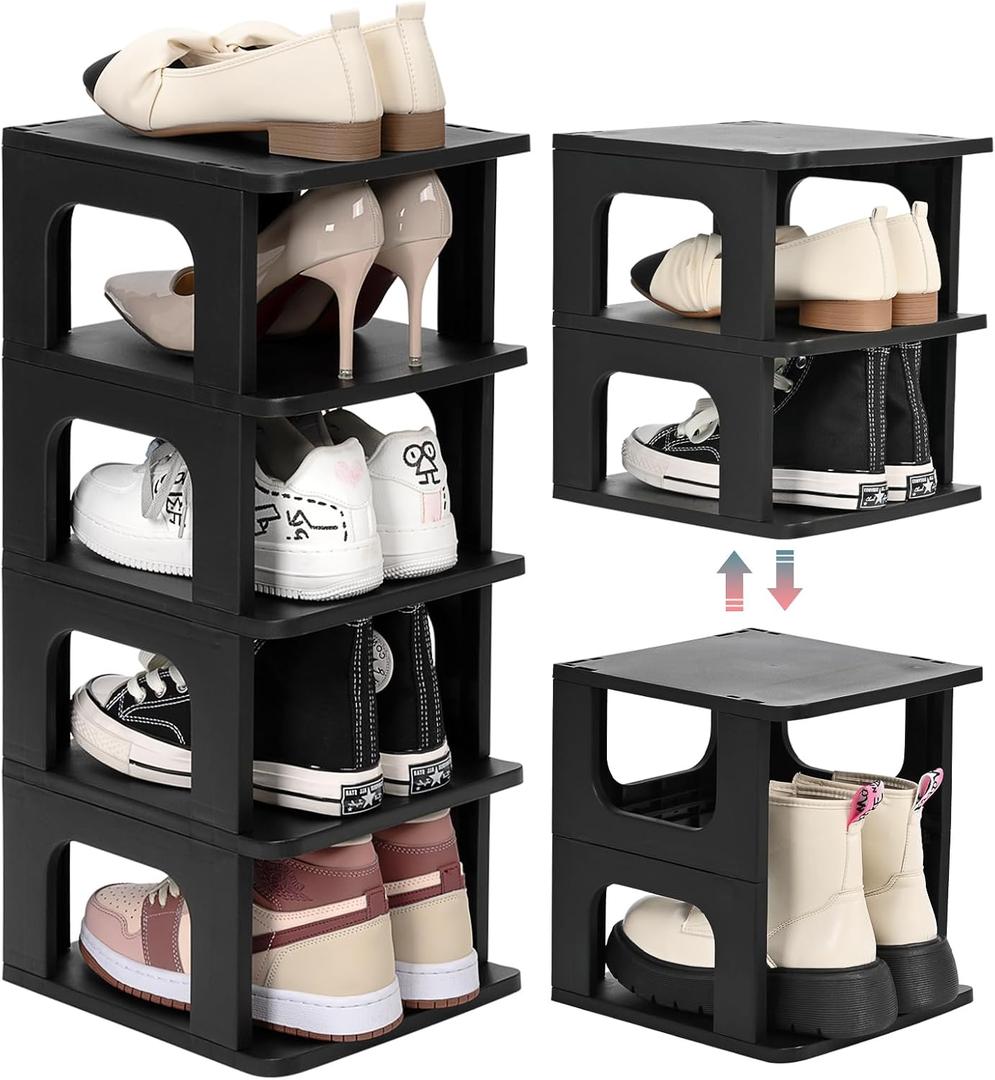 TRZZ 5-Tier Small Shoe Rack, Vertical Narrow Stackable Organizer with Removable Partition, Efficient Shoe Storage for Closet, Entryway, and Small Spaces (Black)