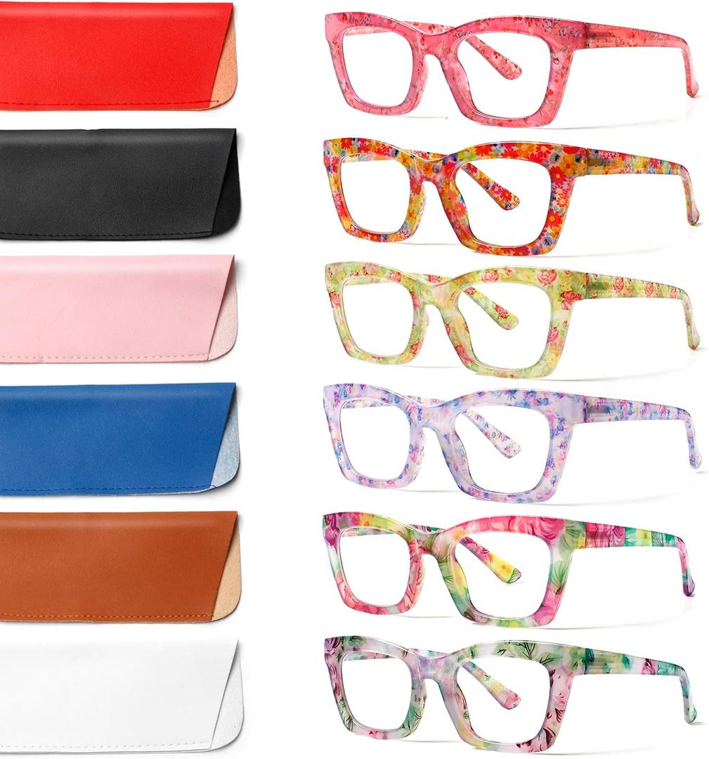 6 Pack Oprah Style Reading Glasses for Women Blue Light Blocking Computer Square Readers with Spring Hinge (Mix Color-6, 1.75, x)