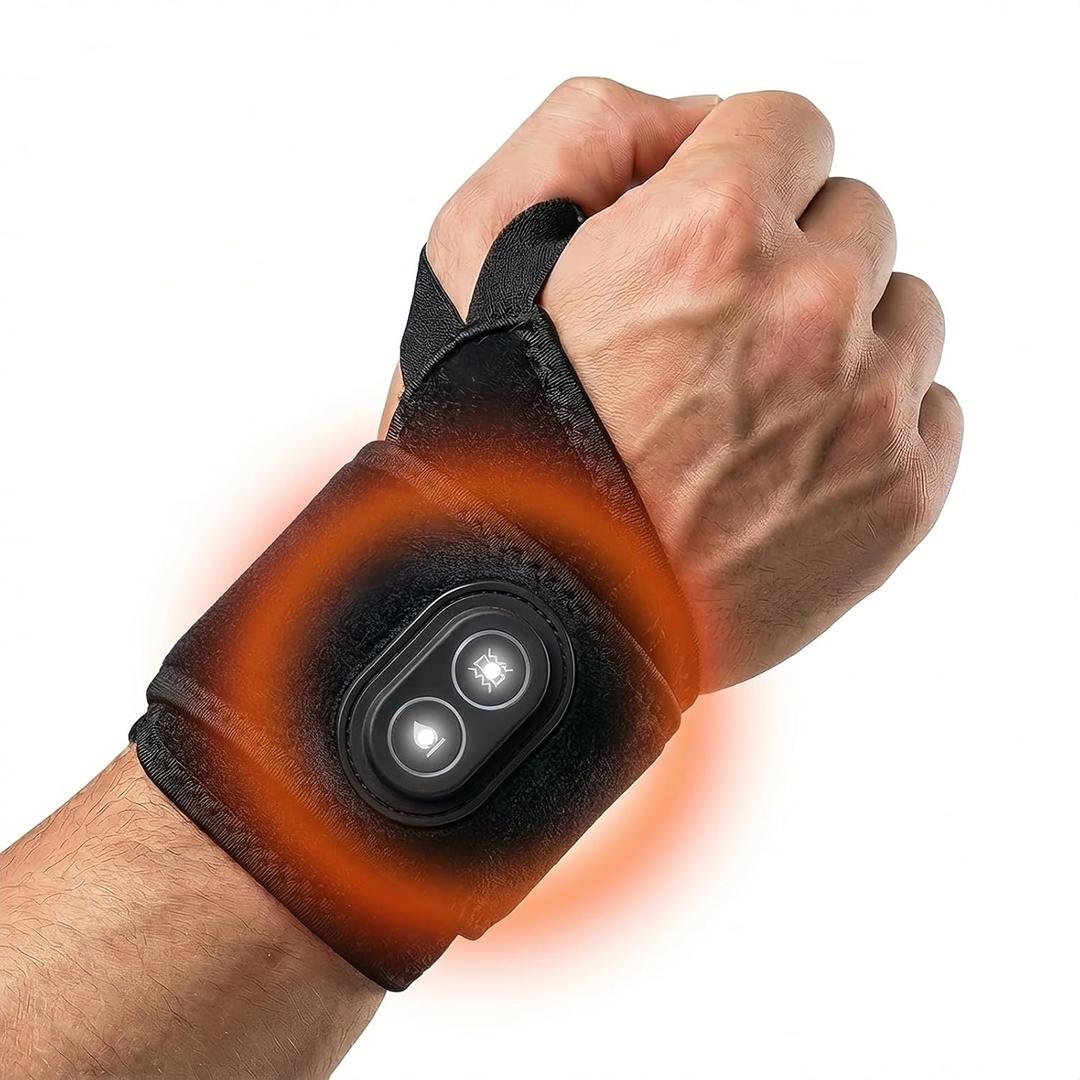 Cordless 3-in-1 Red Light Therapy Wrist Wrap with 3 Heat Settings & 3 Massage Modes - Auto Shut-Off Safety, Soft Breathable Support for Muscle Soreness & Stiffness Relief at Home & Office (Black)