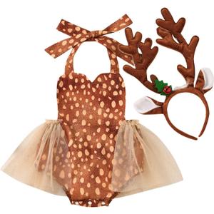 Baby Girls Christmas Deer Costume Romper Tutu Dress with Antlers Headband Newborn Xmas Reindeer Cosplay Outfit Set (18-24 Months, Brown)