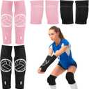 Sosation 2 Set Volleyball Knee Pads and Volleyball Arm Sleeves with Protection Pad Compression Forearm Wrist Guard with Thumb Hole Soft Breathable for Hitting Passing (Black, Pink)