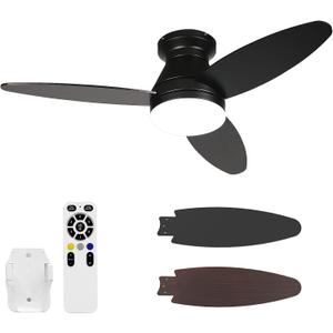 Flush Mount Ceiling Fans with Lights 42 Inch, 3 Blade LED Low Profile Ceiling Fans with Remote for Bedroom Living Room Patio, Dimmable, 3CCT, Quiet Reversible DC Motor, Black