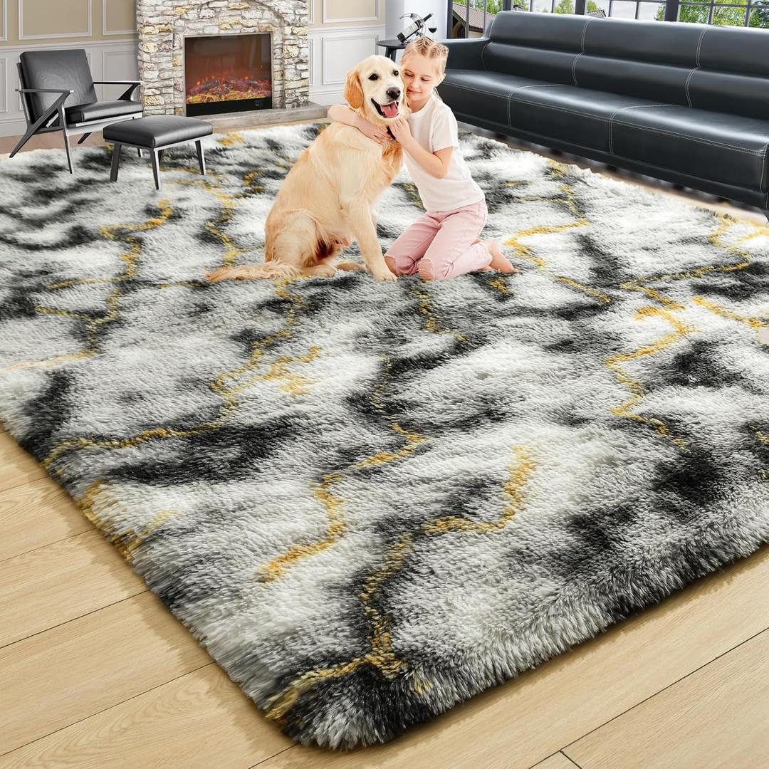 Noahas Large Fluffy 6x9 Area Rugs for Living Room Bedroom,Thick Shag Grey and Gold Throw Rug,Big Soft Shaggy Bedside Non-Slip Plush Dorm Nursery Kids Carpet