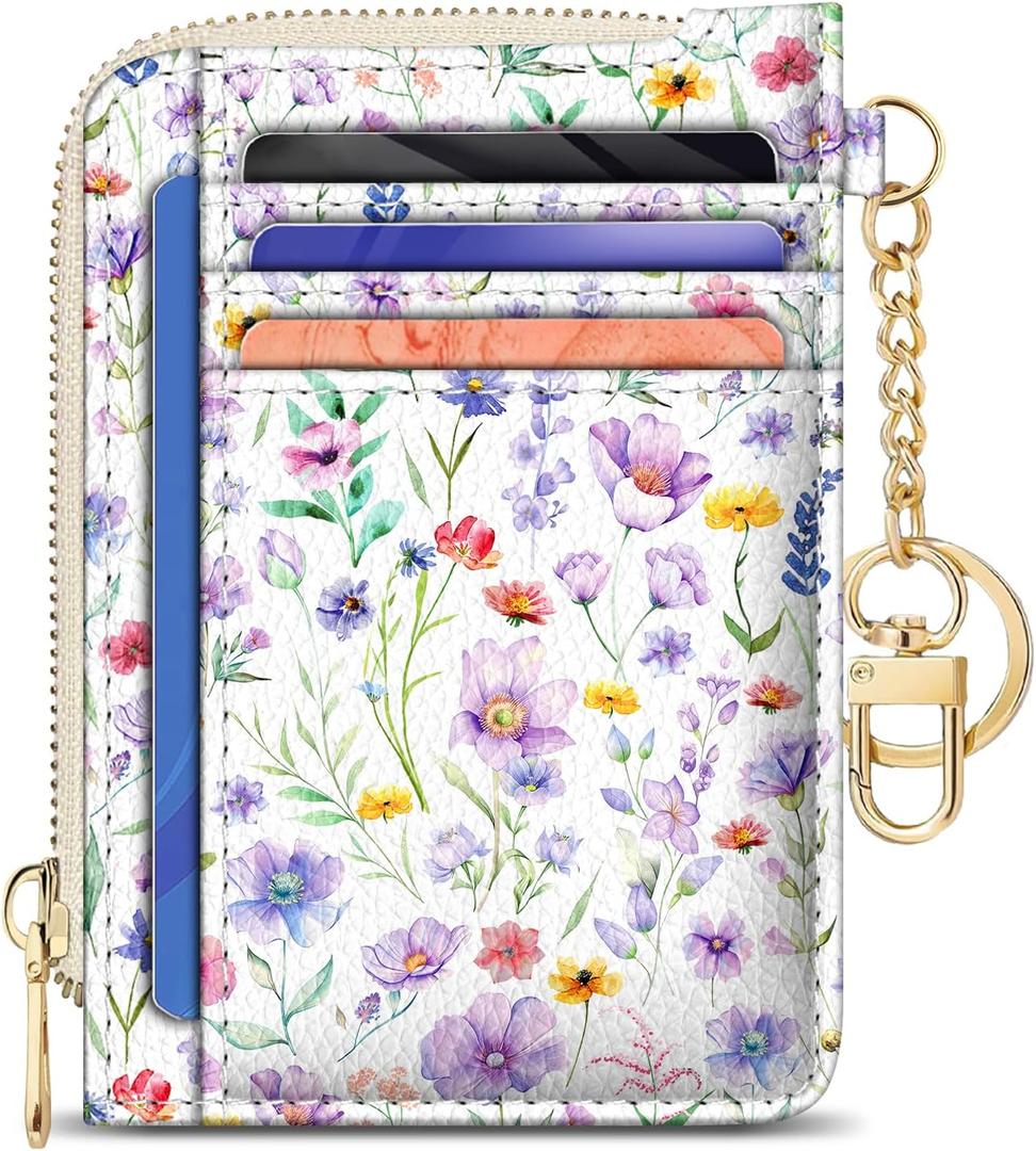 GIANCOMICS Slim Wallet Credit Card Holder Women, Purple Flower Rfid Blocking Small Card Case, Keychain Thin Pocket Curved Zipper Wallet, Travel Card Holder PU Leather ID Window, Ladies Female Gifts