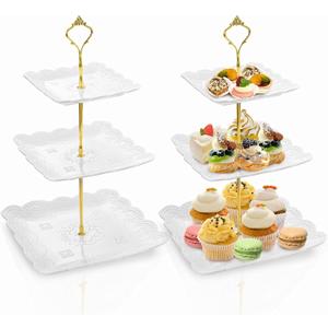 Tebery 2 Pack 3-Tier White Ceramic Embossed Dessert Cake Tower Stand with Gold Carry Handle, Cupcake Stand Serving Trays, Porcelain Party Food Server Display Holder