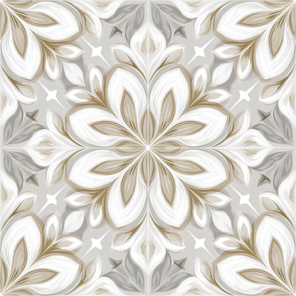 10PCS Peel and Stick Floor Tiles 12x12 Inch Gray Beige Floral Pattern Self Adhesive Vinyl Flooring Square Planks for Kitchen Bathroom Bedroom Living Room Home Renovation DIY Decor