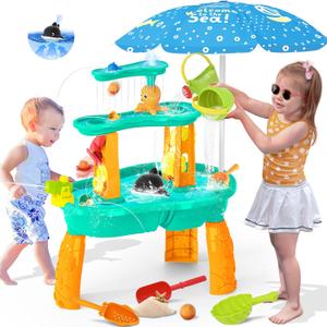 Water Table for Toddlers 3-5, 3-Tier Auto Water-Absorbing Kids Sand Water Table with Water Pump & Umbrella Splash Pond Toy, Sensory Play Table Toys for Outdoor Pool Beach Backyard Summer (Cyan&Orange)