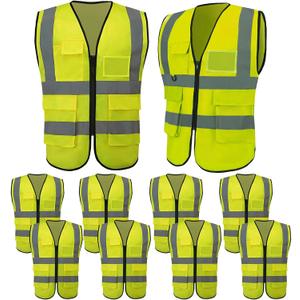 10 Pack Reflective Safety Vests with Pockets & Zipper, High Visibility Yellow Construction Vest for Men Women, Durable ANSI Class 2 Work Vest Strips Vests for Outdoor Work (XX-Large, Chartreuse)