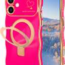 for iPhone 16 Magnetic Case with Stand, Luxury Electroplating Shockproof Wave Curly Frame and Heart Pattern, Lens Edge Raised Protection for iPhone 16-Rose Red