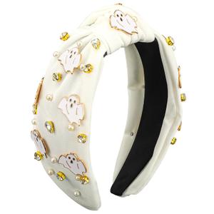 Halloween Headbands for Women, Ghost Pearl Rhinestone Knotted Headband Halloween Hair Accessories Party Gifts (6.2*5.1)