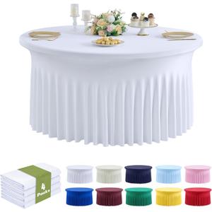 Outpain 4 Pack White Round Spandex Tablecloths for 60in Tables, 120Inch Stretchy Fitted 5FT Round Table Clothes,Wrinkle Free Table Cover with Skirt for Wedding Party Dining Banquet Baby Shower