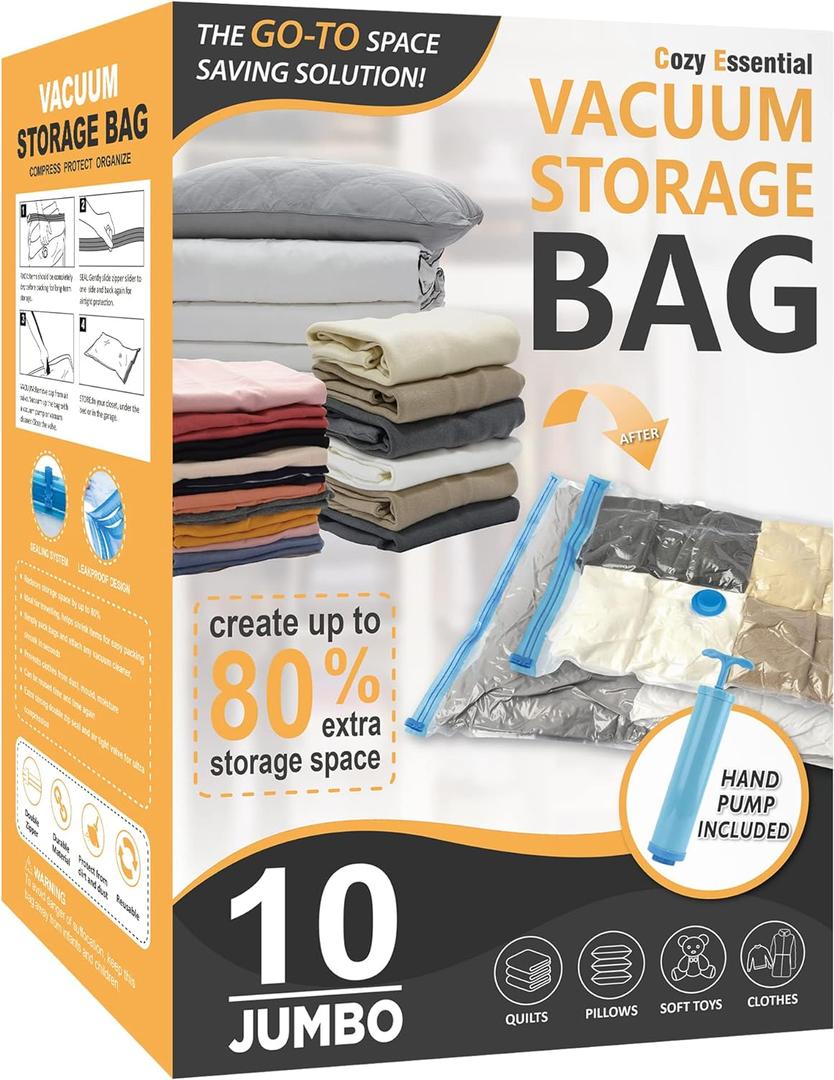Cozy Essential Vacuum Storage Bags, 80% Compression Vacuum Seal Space Saver Plastic Packaging Bags for Clothes, Blankets, Pillow, Bedding, Comforters, Sealer Clothing Storage,10 Jumbo