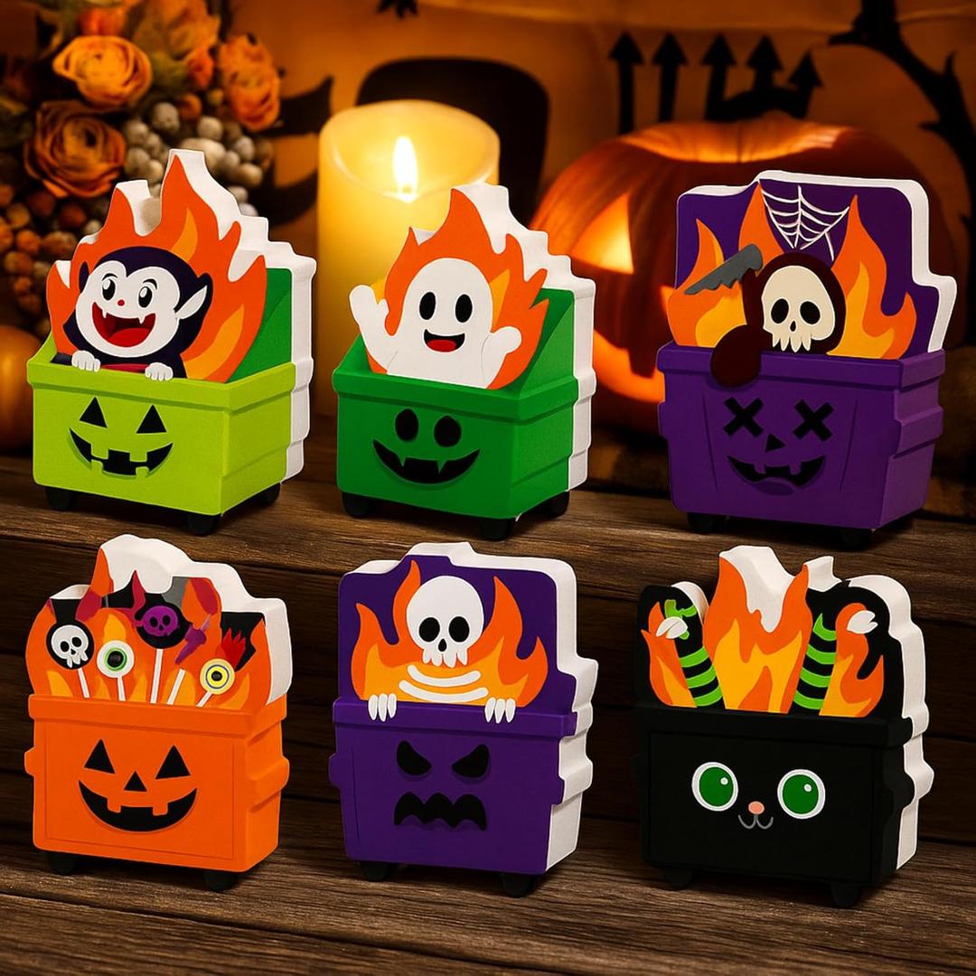 2 x Thyle 6 Pcs Halloween Dumpster Fire Table Decorations Wooden Table Centerpiece Sign Dumpster Fire Ghost Skeleton Tabletop Decorations for Halloween Party Gift Desk Decor