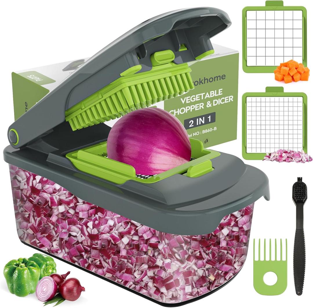 Ourokhome Vegetable Chopper Cutter with Container, Manual Hand Food Veggie Dicer with 2 Chopping Blades for Potato Strips, Onion Cubers, Carrot Sticks, Essential Kitchen Gadgets (2 in 1, Gray) (2 blades, Green)