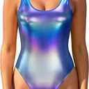 SHEKINI Women's Metallic Shiny Bathing Suit Scoop Neck Backless One Piece Swimsuits (Blue, XL)