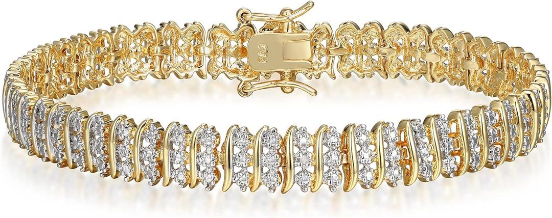 Amazon Essentials Diamond Accent Triple Row S-Link Tennis Bracelet, 7.25" (Gold Tone)