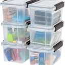 IRIS USA WeatherPro 6 Qt Storage Bins with Lids, 6 Pack, BPA-Free Plastic Gasket Box with Tight Latch and Seal, Stackable Nestable Tote Tub - Clear/Black