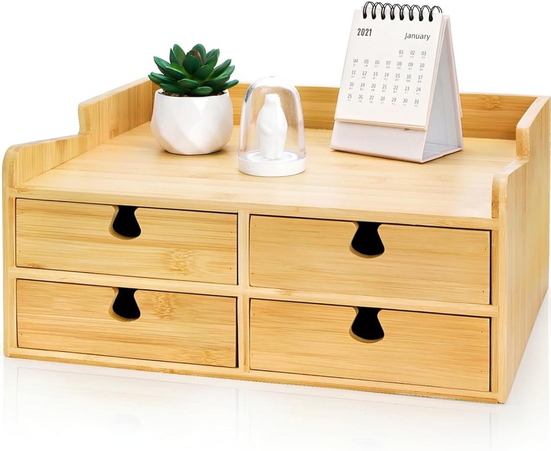 Eorbow Bamboo Desk Organizer with Drawers, Small 3 Tier Desktop Drawers for Countertop, Mini Tabletop Storage Containers with Anti-scratch Pads for Home Office Supplies Makeup, No Assembly Required