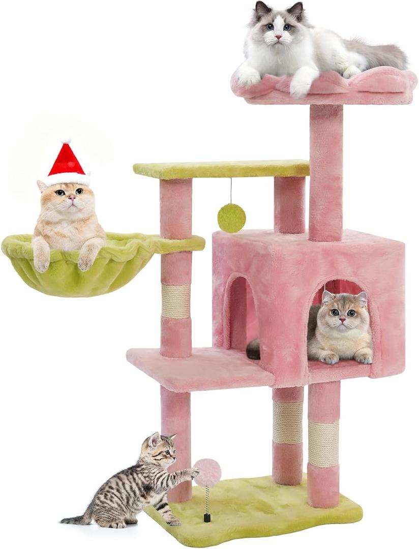 Cat Tree Tower with Metal Frame Hammock, 41'' Cat Trees for Indoor Cats Large Adult, Cat Towers with Scratching Post, Cats Condo furniture with Pink Flower Perch, Cats Climbing Tower for Kittens(Pink)