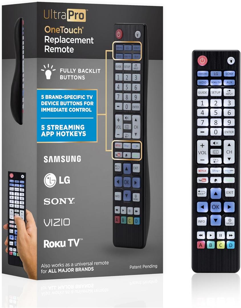 UltraPro Backlit One Touch Instant Pairing Replacement Remote Pre-Programmed for Samsung, Sony, LG, Vizio, Roku TV 2 Device 80830, Black