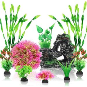 Fish Tank Accessories Aquarium Plants, 10pcs Colorful Fish Bowl Ornaments Plants and Rock Cave Decor Set, Aquarium Decor (Red)