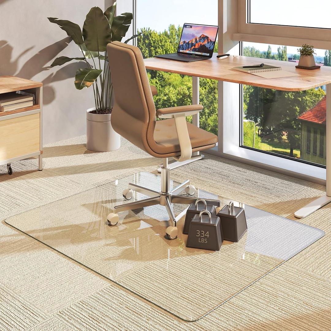 Tempered Glass 40" x 30" Round Corner Glass Chair Mat with Polished Edge, Heavy Duty Hard Clear Office Chair Mat, Transparent, Glides Smoothly, Easy Clean, Suitable for Carpet Hardwood Floors