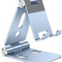 OMOTON Foldable Cell Phone Stand, C4 Portable Aluminum Phone Holder, Adjustable Phone Dock Cradle Compatible with iPhone 17/16/15 Pro Max Air, Samsung Galaxy, Small Tablets, Smart Phones, Light Blue