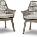 Signature Design by Ashley Beach Front Casual Outdoor Arm Chair with All-Weather Cushion, Set of 2, Resin Wicker with Aluminum Frame, 18.5" Seat Height, Beige