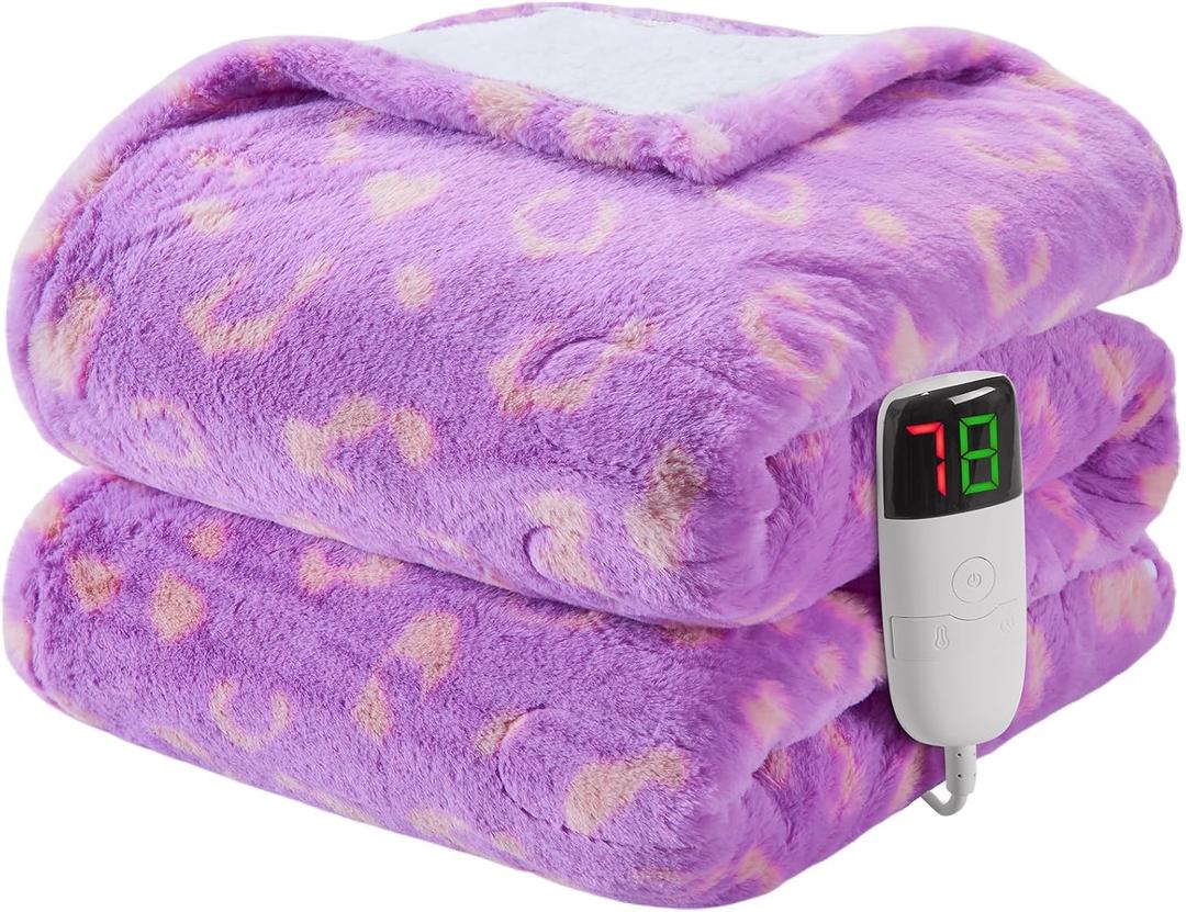 Leopard Print Heated Electric Blanket Throw,50X60 Purple Heating Blanket with 10 Heats Levels & 8 Hours Auto Off,Cute Cheetah Soft Fleece Sherpa Blankets Warmer Gifts for Women Washable