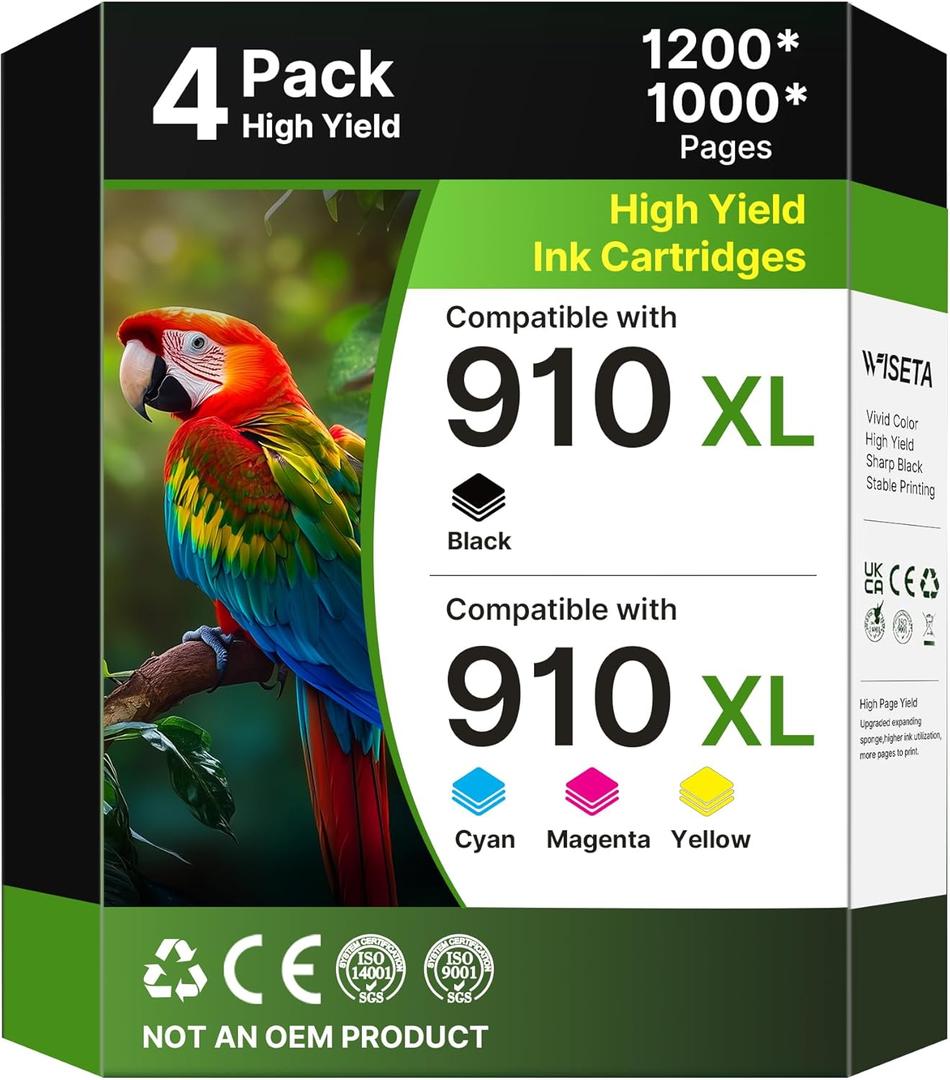 910XL Ink Cartridges for HP Printers (4-Pack) Black Cyan Magenta Yellow Replacement for HP 910XL Ink Cartridges Combo Pack Works for Office Jet 8010 8020 Series, Pro 8025e 8020, 8030 Series 3JB41AN