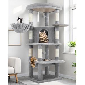 Globlazer Corner Cat Tree Tower for Indoor Cats, 51in Multi-Level Cat Condo Tower with Large Hammock, 7 Sisal Scratching Posts, Oversized Top Perch, Spacious Cat Cave, Hanging Basket, C51, Light Gray