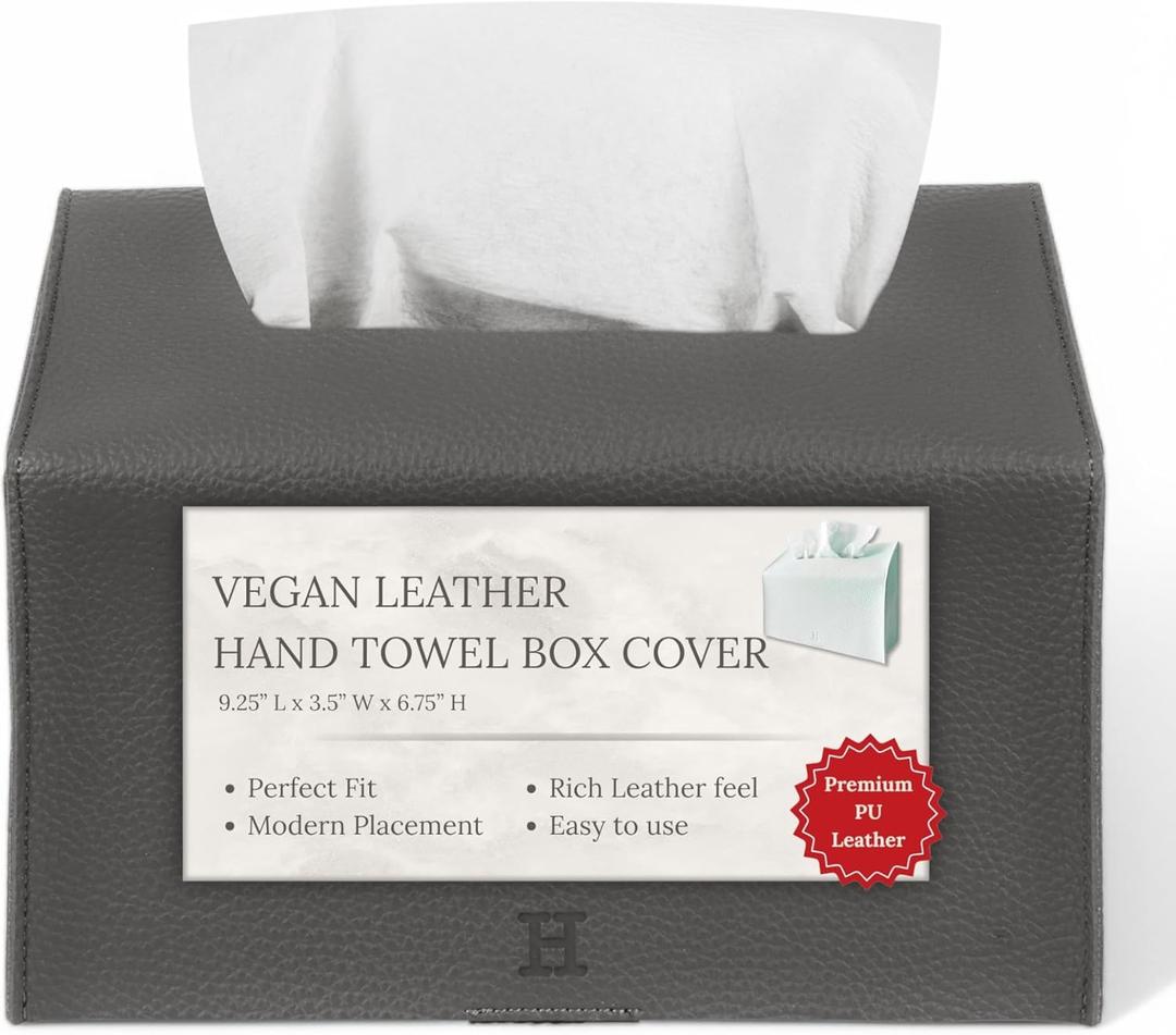3 x Hand Towel Box Cover Holder by Hirano's BAZAAR - Vegan Leather, Compatible with Kleenex Disposable Paper Hand Towels (Smoky Charcoal)