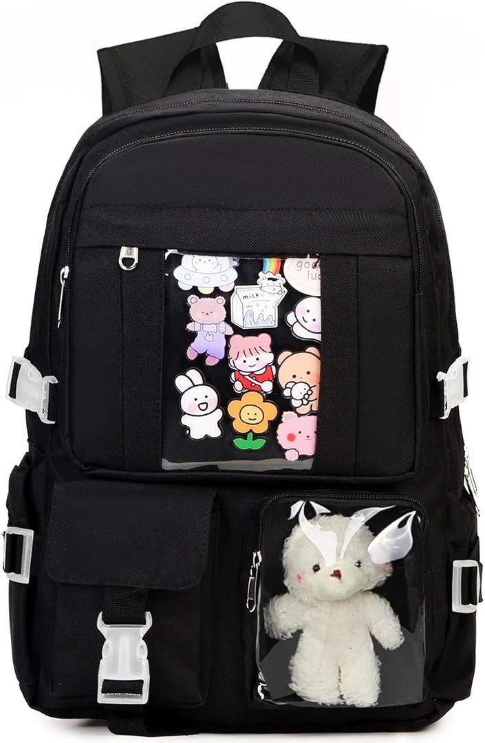 Kawaii Backpack for Teen Girls, Cute Aesthetic High Middle School College Bookbag with Accessories, Black (Medium)