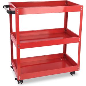 3-Tier Utility Cart, 330 Lbs Load Capacity, Heavy Duty Rolling Tool Cart with Wheels, Red Steel Service Cart for Workshop and Garage Storage