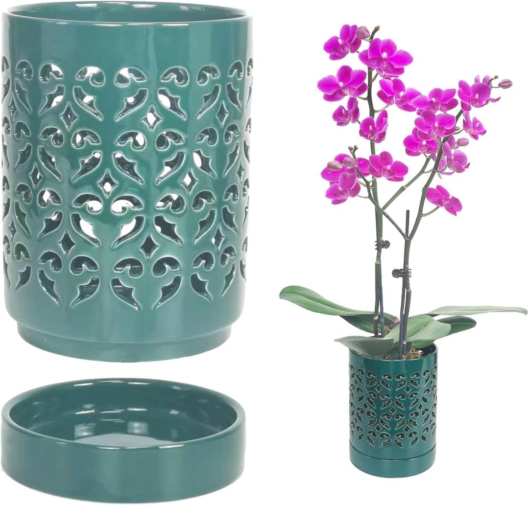 Ceramic Orchid Pot 4 Inch, Orchid Pots with Holes, Plant Pot for Repotting, Flower Planter Pot Indoor Outdoor, Breathable Slotted Orchids Planter Green (Carved)