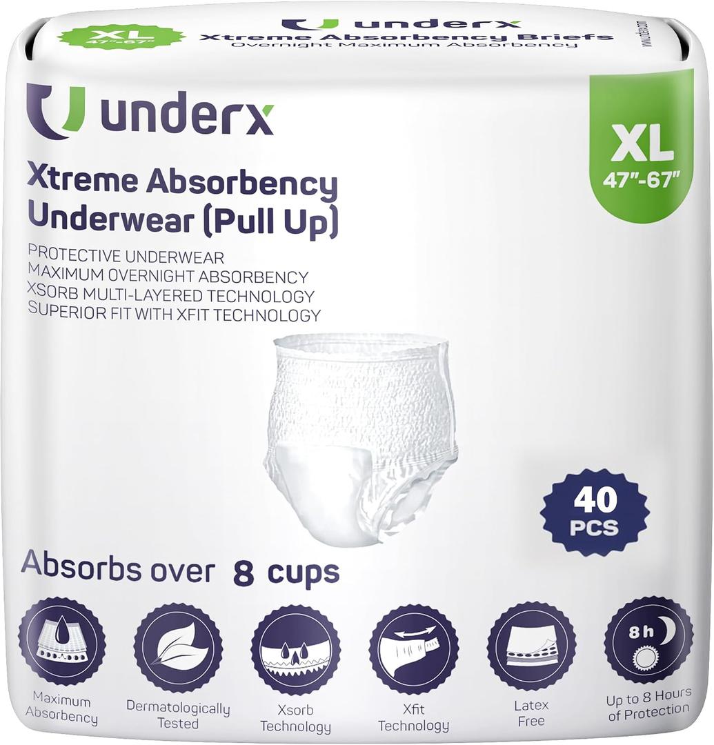 UnderX Adult Disposable Incontinence Underwear Maximum Absorbency Pull Ups, Overnight Leak Protection, 8 Cup Absorption, Soft Latex-Free, Odor Control, Easy Removal, X-Large, 40 Count