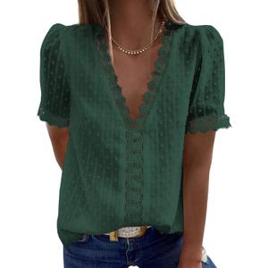 Dokotoo Women's V Neck Lace Crochet Tunic Tops Flowy Casual Blouses Shirts (A1 Green)