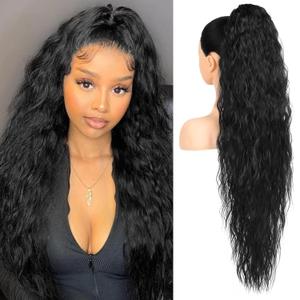 HOOJIH Ponytail Extension, 34 Inch Long Wavy Drawstring Ponytail Hair Extensions Black Pony Tail Extension Synthetic Hairpiece for Women Daily Use - Black