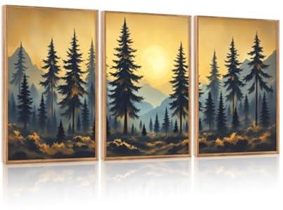 HOURIA 3Pcs Framed Mountain Forest Sunset Landscape Canvas Wall Art (16"x24"), Large Abstract Pine Tree Golden Sunset Wall Decor, Vintage Warm Nature Scenery Art Print for Office Bedroom Living Room