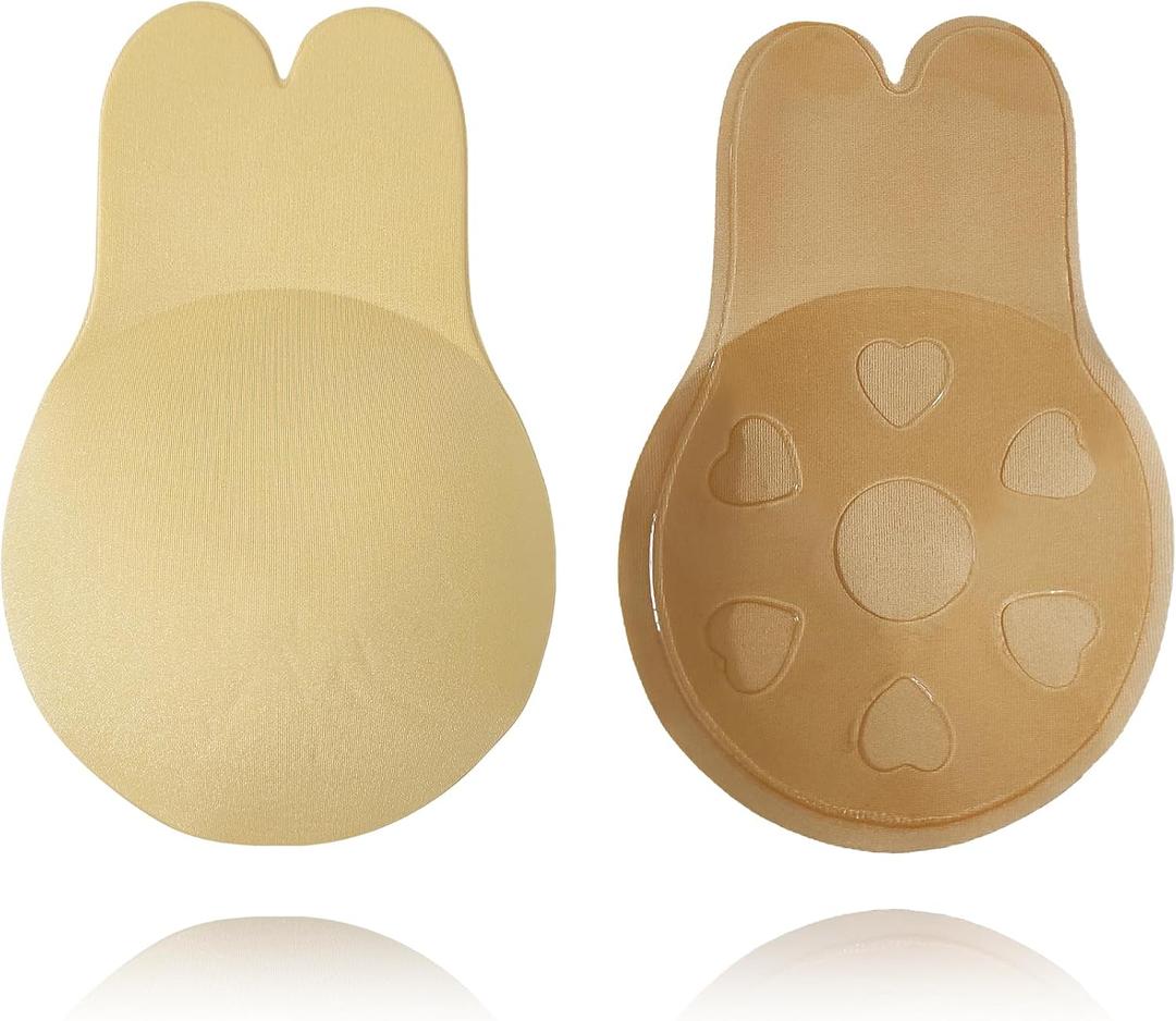 BOOSINI Adhesive Strapless Bra - Sticky Push Up Backless Invisible Bra with Nipple Covers Reusable Self-Adhesive Bras Beige L(1Pair)