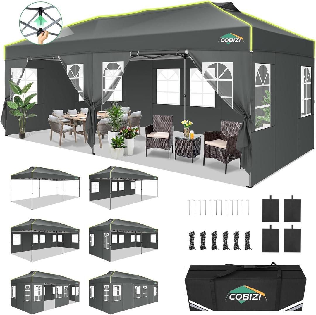 COBIZI 10x20 Pop Up Canopy Tent with 6 Removable Sidewalls, One Push Party Tent Outdoor Waterproof Event Canopy with Air Vent for Parties Commercial Wedding, 3 Height, Carry Bag, Sandbag, Gray