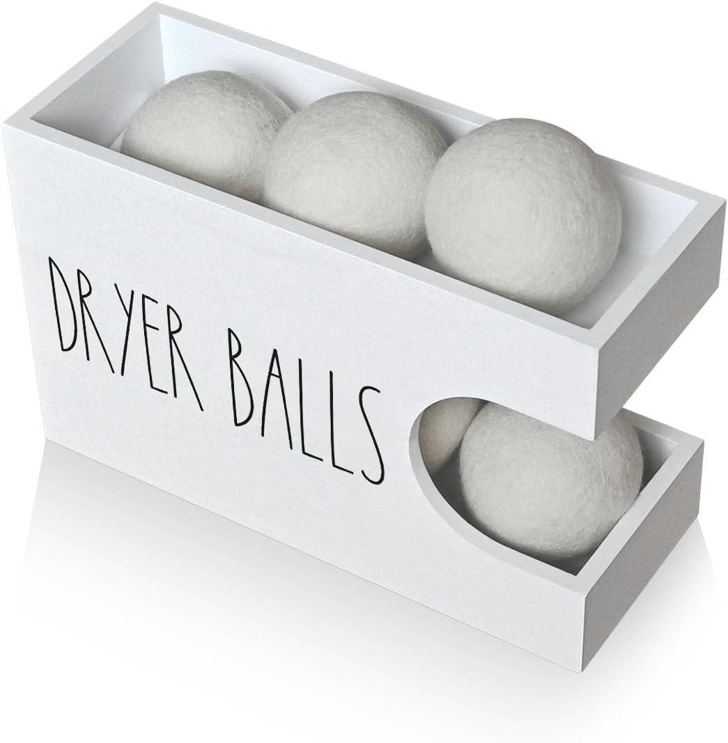 Dryer Ball Holder for Laundry Room, Dryer Balls Container Wall Mount, Wood Dryer Balls Storage Organizer, Wool Dryer Ball Dispenser Basket (White)