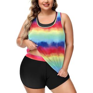 NIeyook Women Plus Size 3 Piece Tankini Swimsuits Athletic Bathing Suits with Boy Shorts Tank Top with Sports Bra (Rainbow)