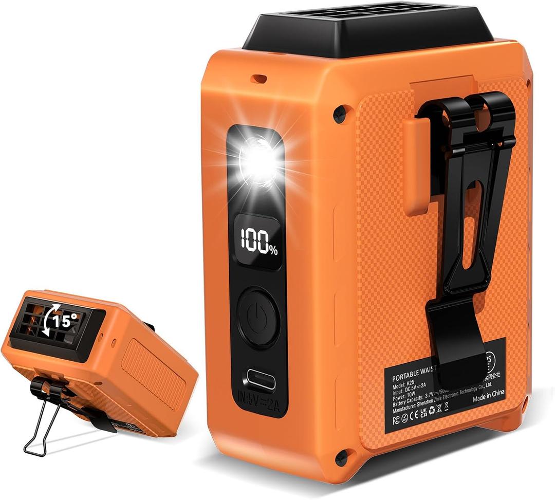 Portable Waist Fan 5000mAh, Hands-Free Clip on Wearable Belt Neck Desk Personal Cooling Fan Rechargeable with 5 Speeds & Flashlight Lasting 20H for Outdoor Office Travel (Orange)