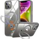 360 Rotatable Magnetic Stand for iPhone 13/14 Case Compatible with Mag-Safe 16FT Military Drop Protection, Anti-Scratch/Fingerprint iPhone 13/14 Phone Case(Clear-Grey)