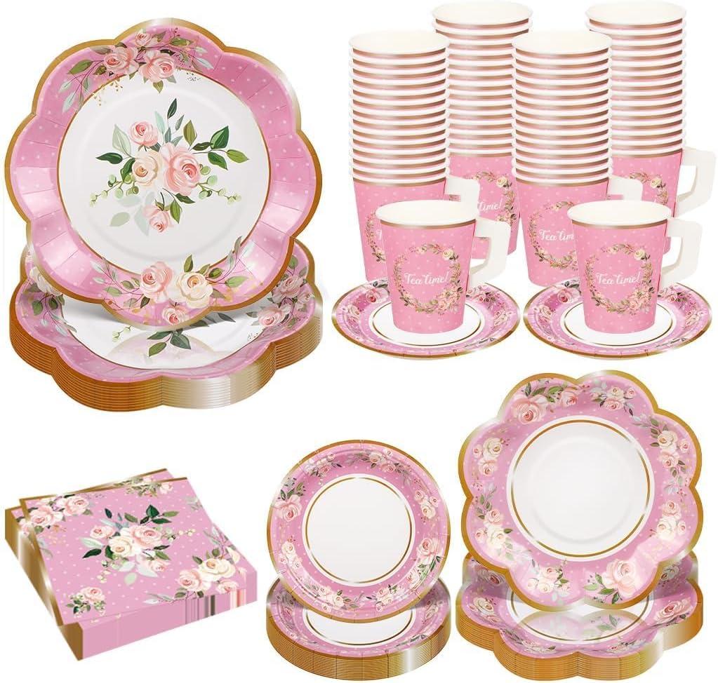 TWOWYHI 136Pcs Floral Tea Party Supplies for 25 Floral Tea Cups with Handle 9 7 Floral Paper Plates Disposable Flower Cups and Saucers Sets for Garden Birthday Bridal Wedding,Pink