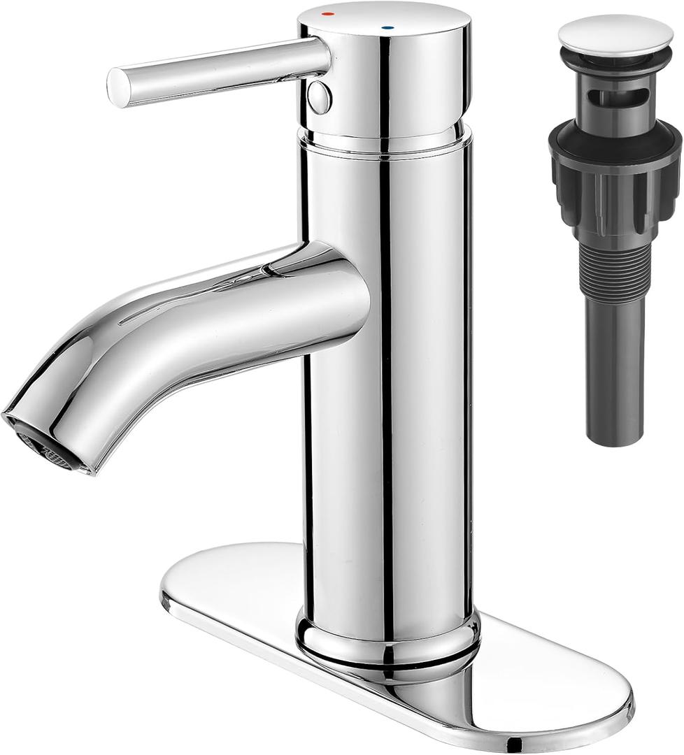 VOTON Chrome Bathroom Faucets 1 Hole, Stainless Steel Bathroom Sink Faucet with Metal Pop up Drain, Lavatory Faucet for Bathroom Sink (Short)