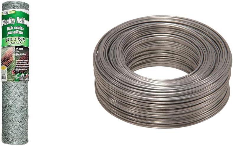 YARDGARD 308494B 2 Foot X 150 Foot 2 Inch Mesh Poultry Netting (Packaging May Vary) & Hillman Steel 20 Gauge Galvanized Hobby Wire, 20 x 175', Silver, Corrosion Resistant