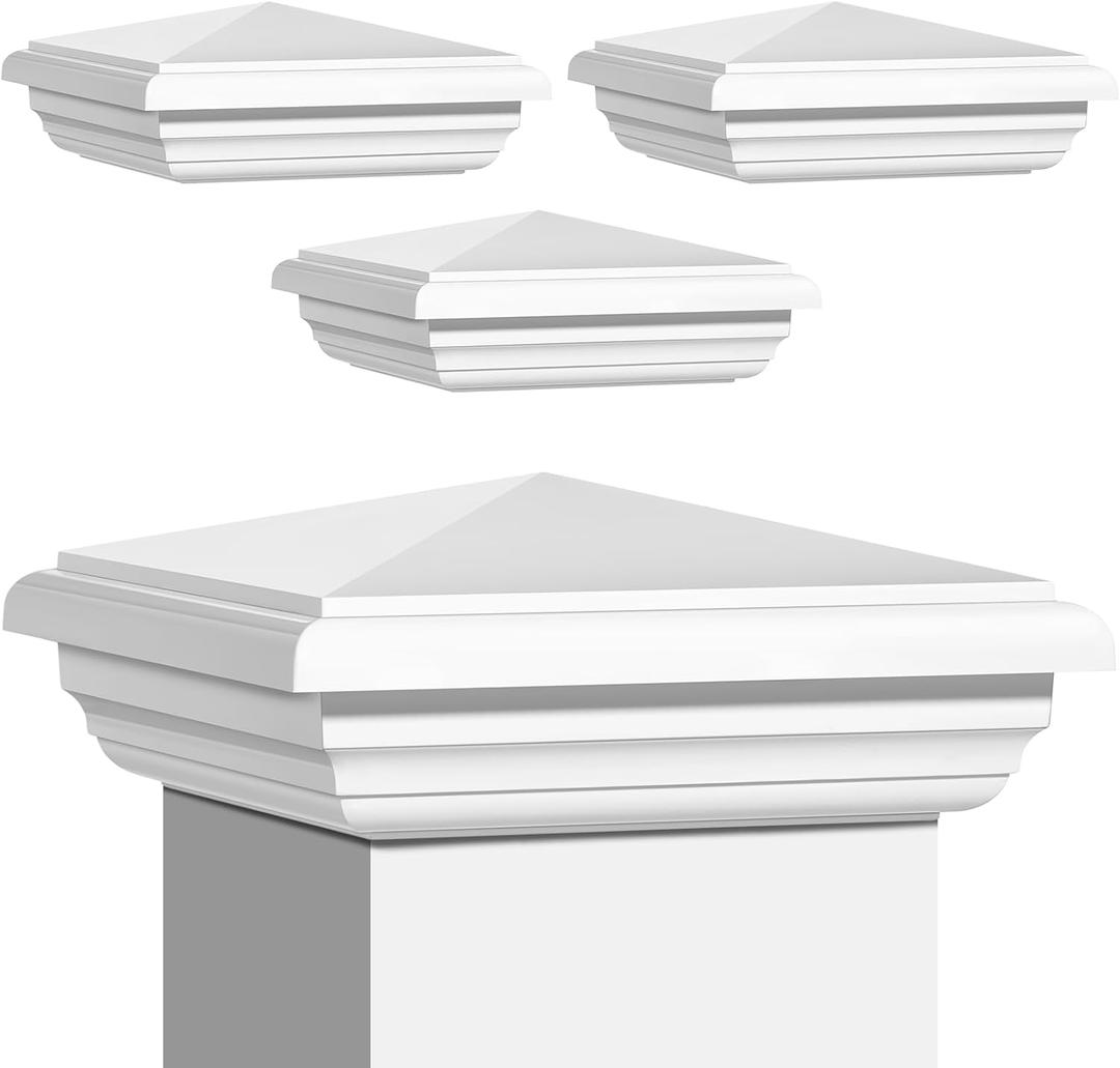 Sasylvia 4 Pcs 4 x 4 Inch Vinyl Fence Post Caps (Actual 4x4), White PVC England Style Cap Top Pyramid Square Waterproof UV Resistant Decorative Vinyl Fence Post Caps